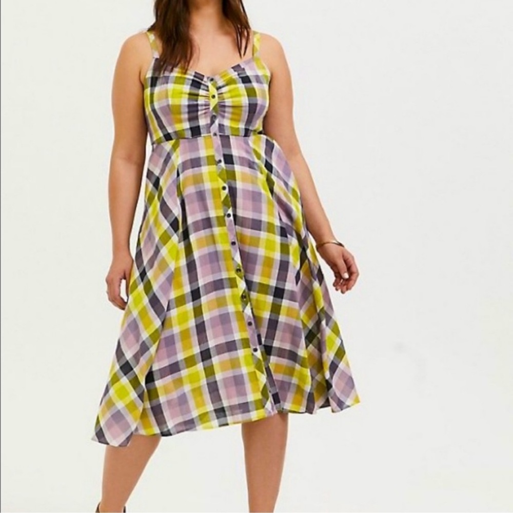 Torrid Lavender/Yellow Plaid Challis Button Front Midi Dress Plus Size 4